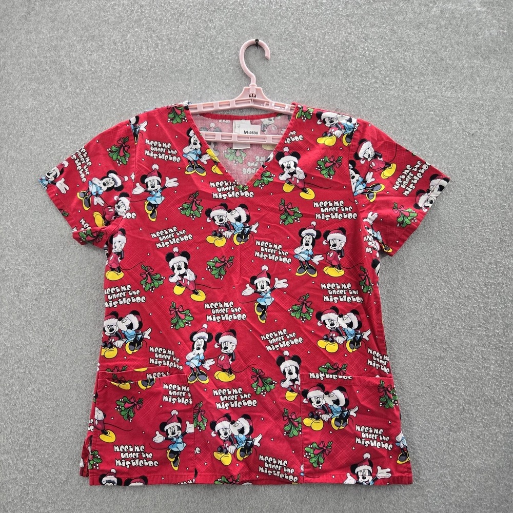 Disney Women Scrub Top M Red Graphic Print Mickey Mouse Minnie Holiday
